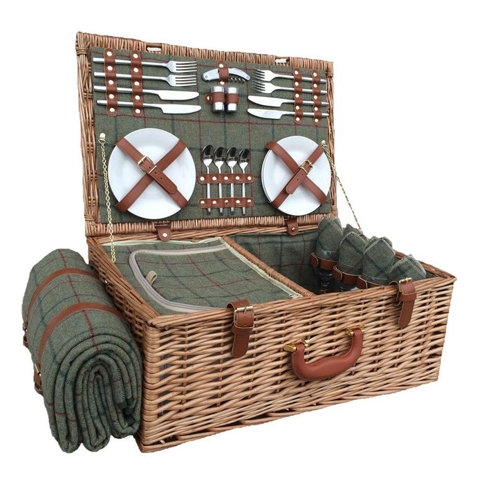 The Willow Basket Green Tweed Fitted Wicker Picnic Basket