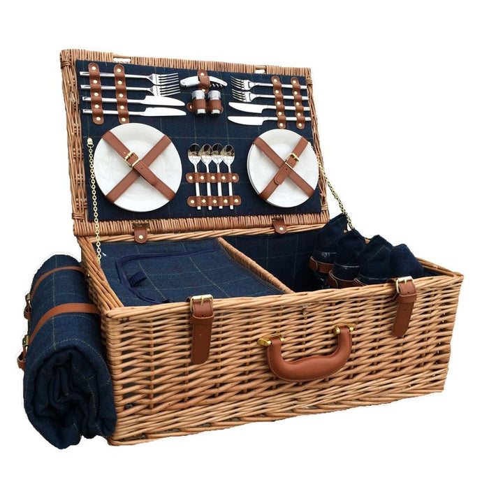 The Willow Basket Blue Tweed Fitted Wicker Picnic Basket