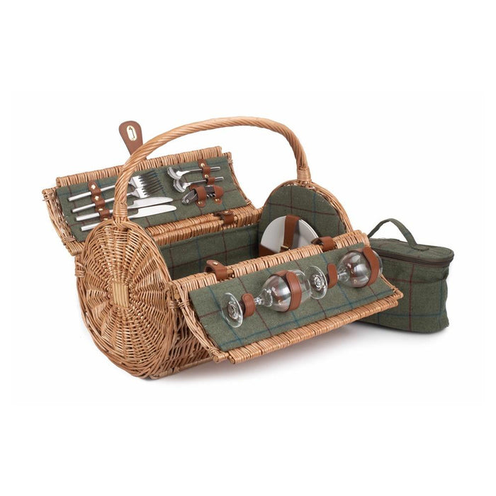 The Willow Basket 2 Person Green Tweed Barrel Wicker Picnic Basket