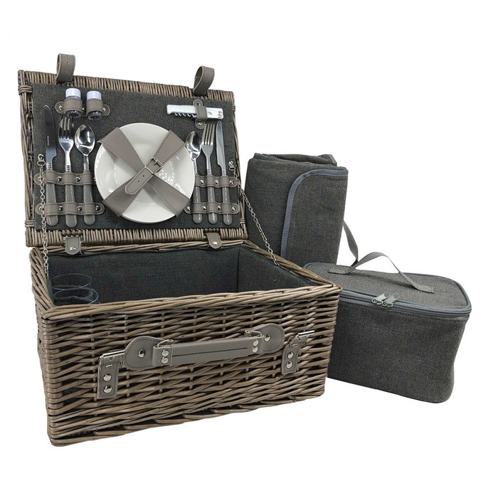 The Willow Basket Grey Tweed Wicker Fitted Picnic Basket