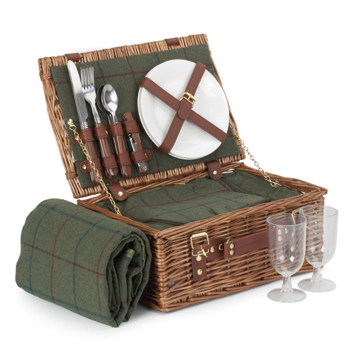 The Willow Basket 2 Person Green Tweed Classic Picnic Basket