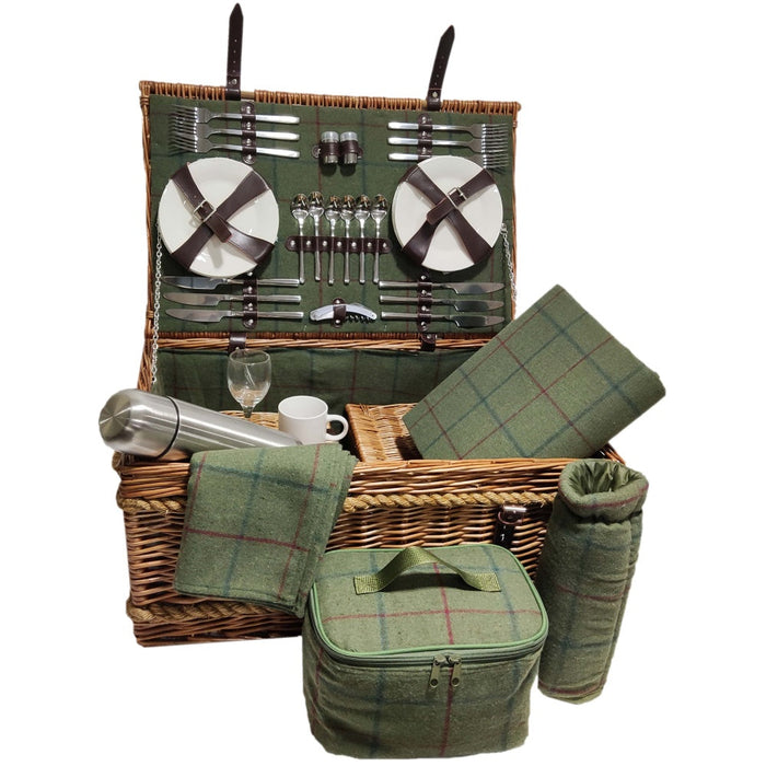 The Willow Basket Rope Handled Green Tweed 6 Person Fitted Picnic Basket
