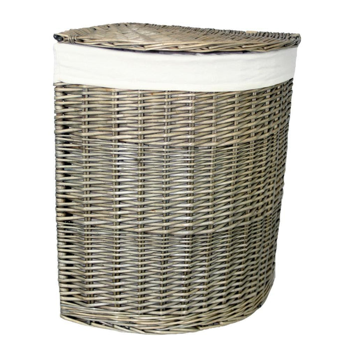 The Willow Basket Antique Wash Corner White Cotton Lined Laundry Basket