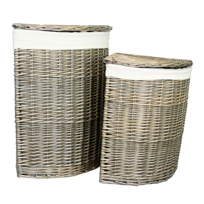 The Willow Basket Antique Wash Corner White Cotton Lined Laundry Basket