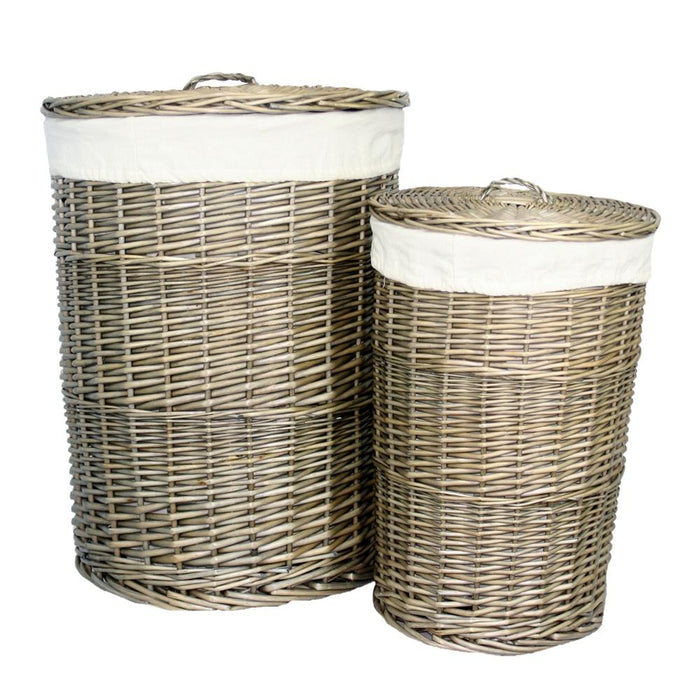 The Willow Basket Antique Wash Round White Cotton Lined Laundry Basket