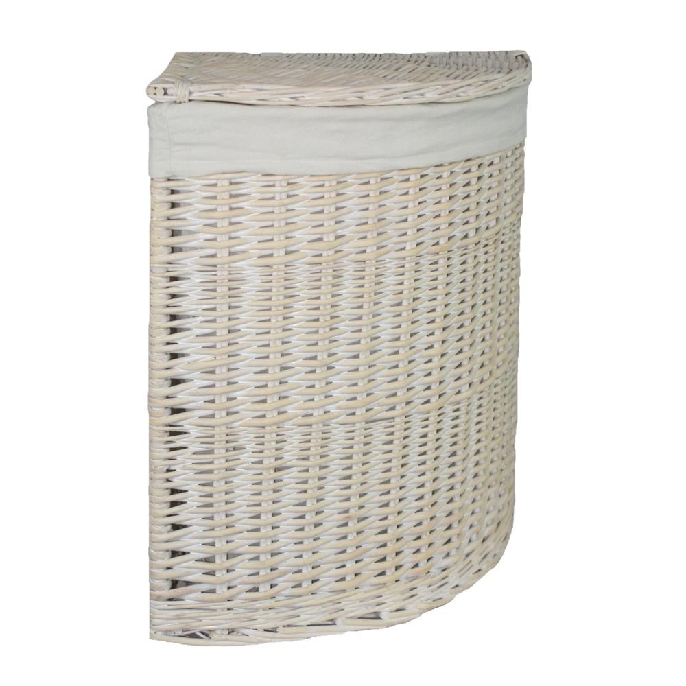 The Willow Basket White Wash Corner White Cotton Lined Laundry Basket