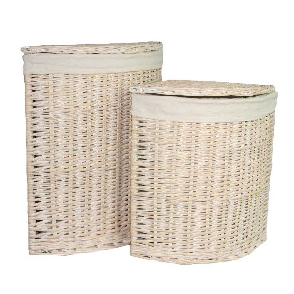 The Willow Basket White Wash Corner White Cotton Lined Laundry Basket