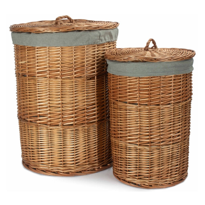 The Willow Basket Light Steamed Round Linen Basket with Grey Sage Lining