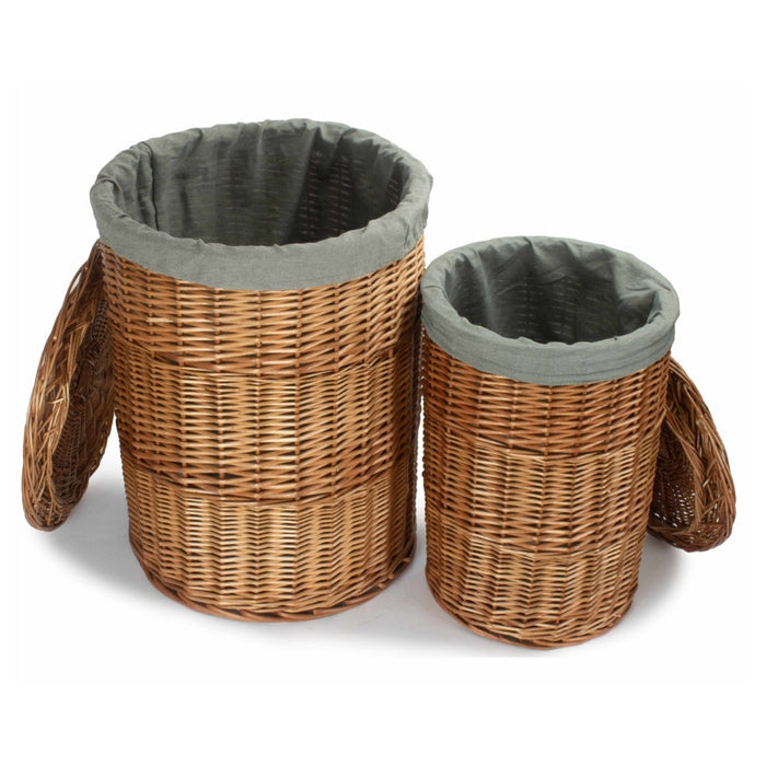 The Willow Basket Light Steamed Round Linen Basket with Grey Sage Lining