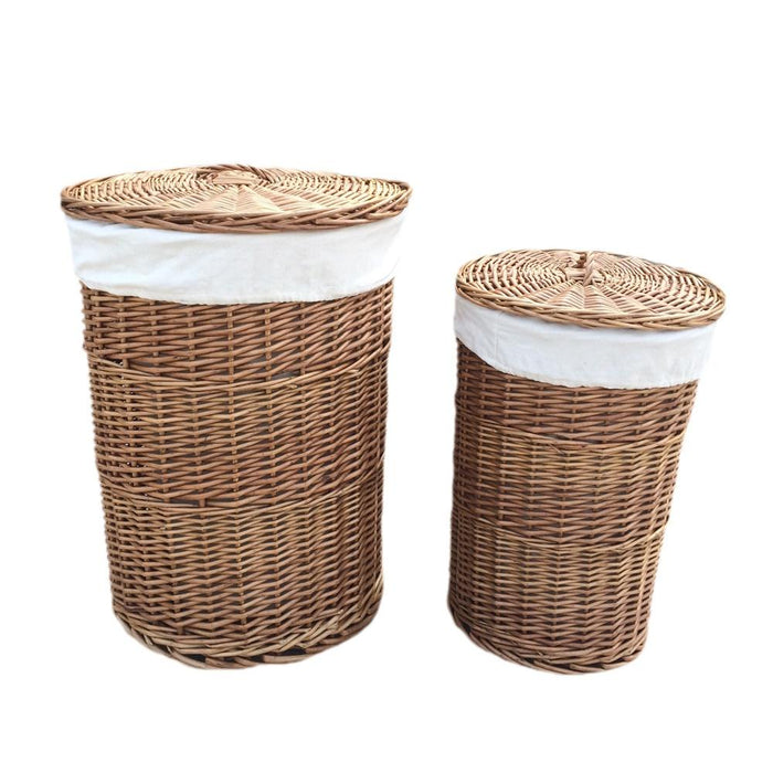 The Willow Basket Light Steamed Round White Cotton Lined Laundry Baskets