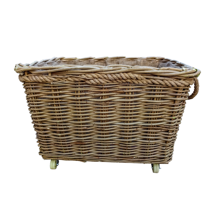 The Willow Basket Extra Large Rope Handle Wicker Log Basket on Wheels