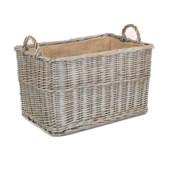 The Willow Basket Antique Wash Rectangular Hessian Lined Wicker Log Basket