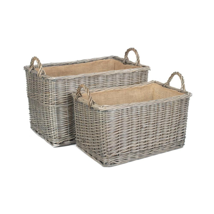 The Willow Basket Antique Wash Rectangular Hessian Lined Wicker Log Basket