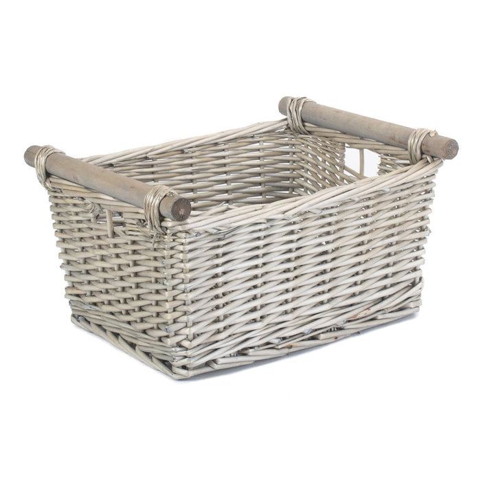 The Willow Basket Grey Wash Wooden Handled Wicker Storage Basket