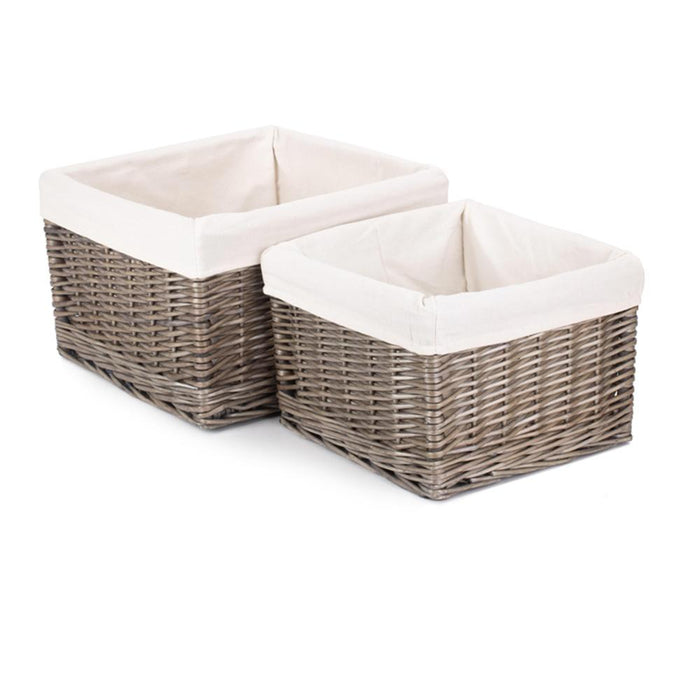 The Willow Basket Square Antique Wash Wicker Lined Storage Basket