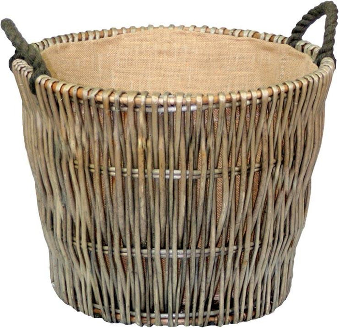 The Willow Basket Round Grey Hessian Lined Log Basket