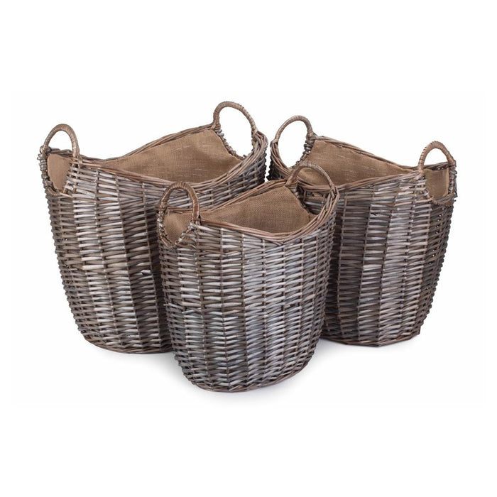 The Willow Basket Scoop Neck Antique Wash Hessian Lined Wicker Log Basket