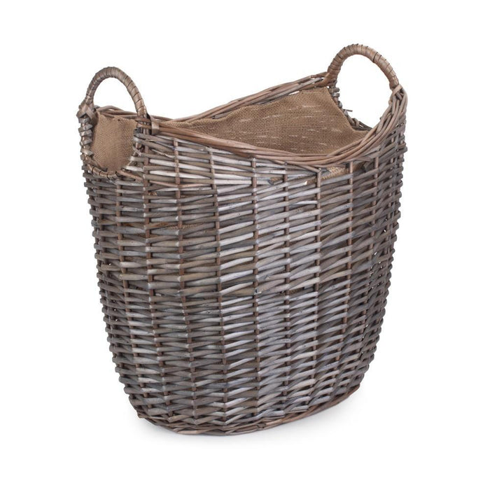 The Willow Basket Scoop Neck Antique Wash Hessian Lined Wicker Log Basket