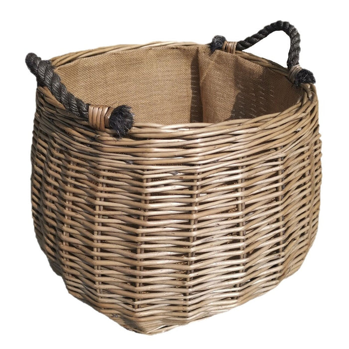 The Willow Basket Curve Sided Antique Wash Hessian Lined Wicker Log Basket