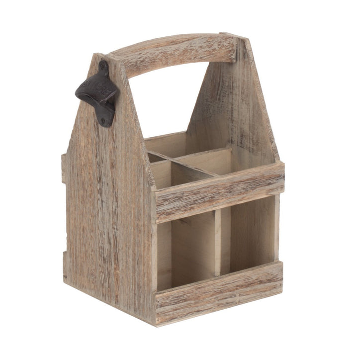 The Willow Basket Oak Effect 4 Beer Bottle Carrier with Bottle Opener