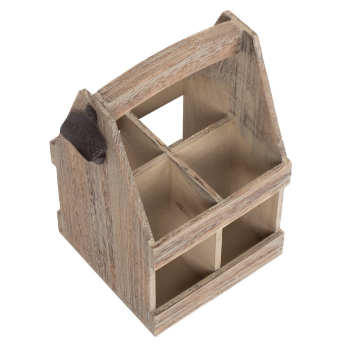 The Willow Basket Oak Effect 4 Beer Bottle Carrier with Bottle Opener