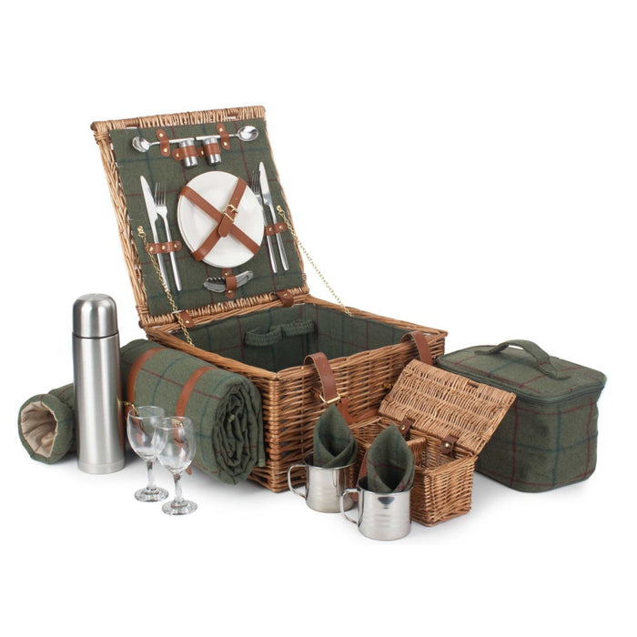 The Willow Basket Deluxe Green Tweed 2 Person Fitted Wicker Picnic Basket
