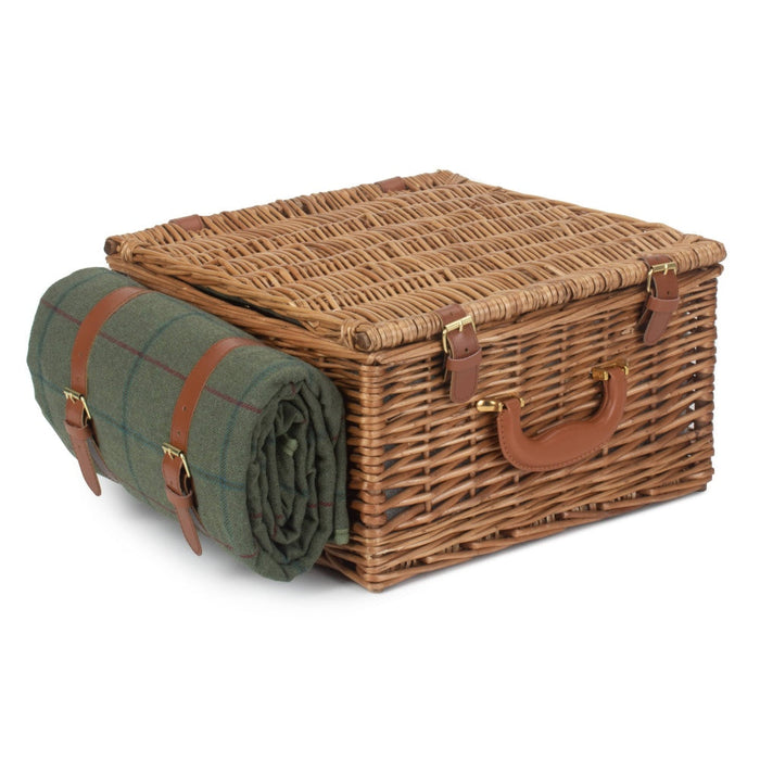 The Willow Basket Deluxe Green Tweed 2 Person Fitted Wicker Picnic Basket