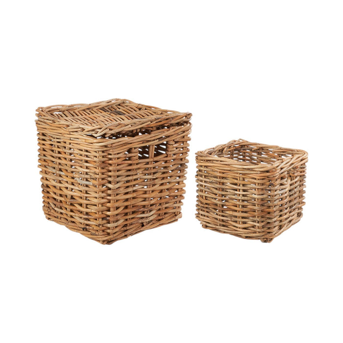 Set of 2 Chunky Natural Rattan Square Storage Baskets with Lid