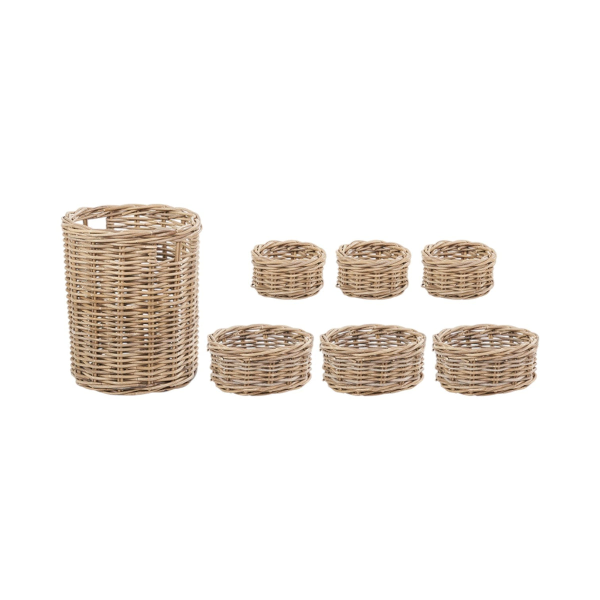 Set of 7 Grey Kubu Rattan Round Storage Baskets