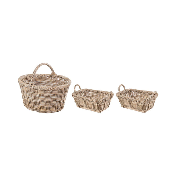 Set of 3 Grey Kubu Rattan Oval Shopping Basket with 2 Rectangular Storage Baskets