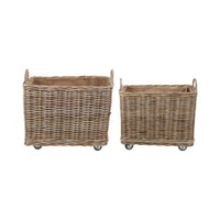 Set of 2 Grey Kubu Rattan Rectangular Wheeled Logs Baskets