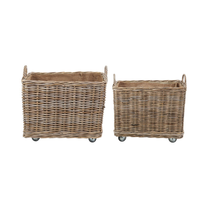 Set of 2 Grey Kubu Rattan Rectangular Wheeled Logs Baskets