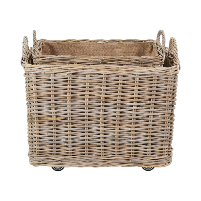 Set of 2 Grey Kubu Rattan Rectangular Wheeled Logs Baskets