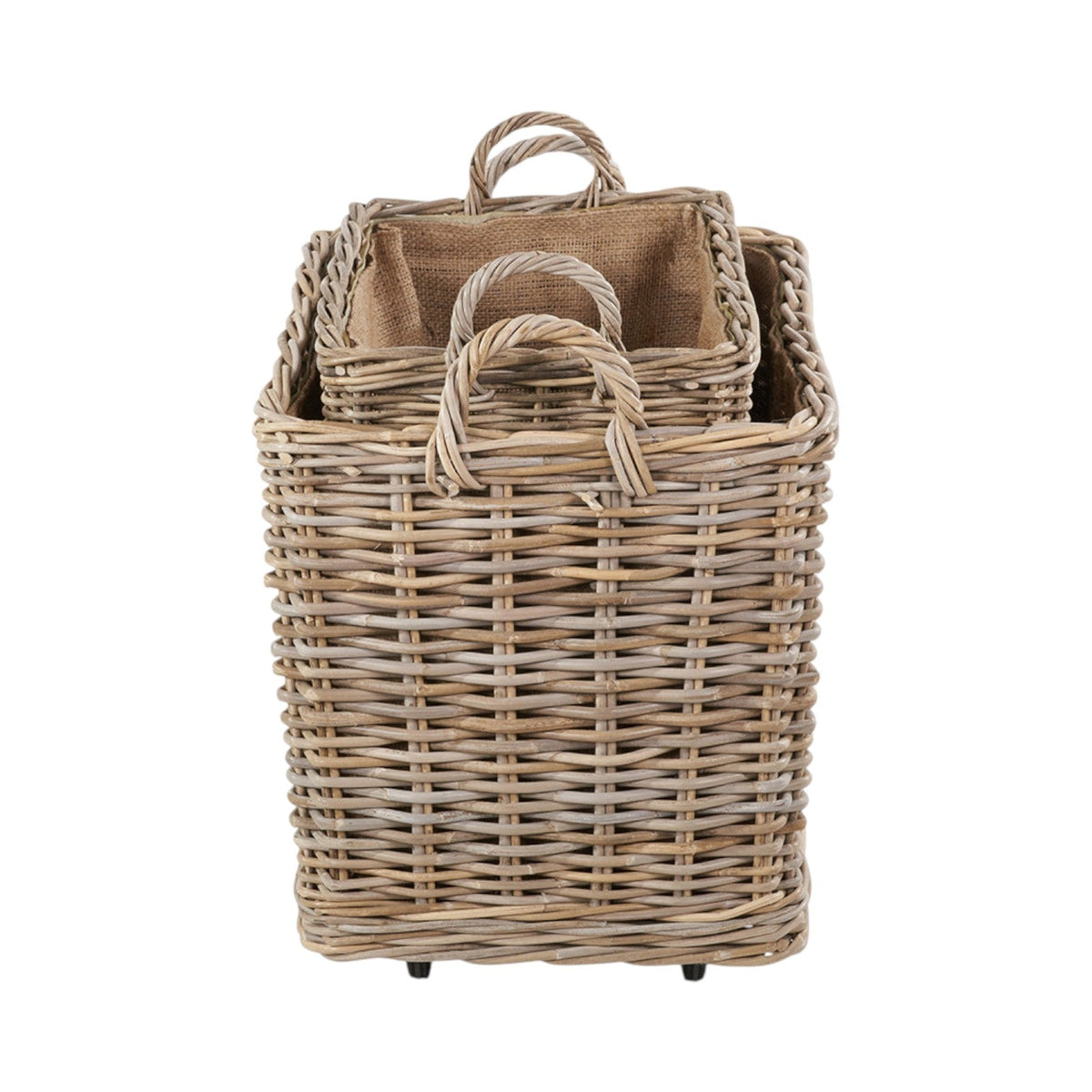 Set of 2 Grey Kubu Rattan Rectangular Wheeled Logs Baskets