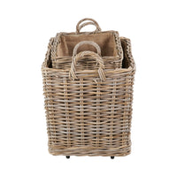 Set of 2 Grey Kubu Rattan Rectangular Wheeled Logs Baskets