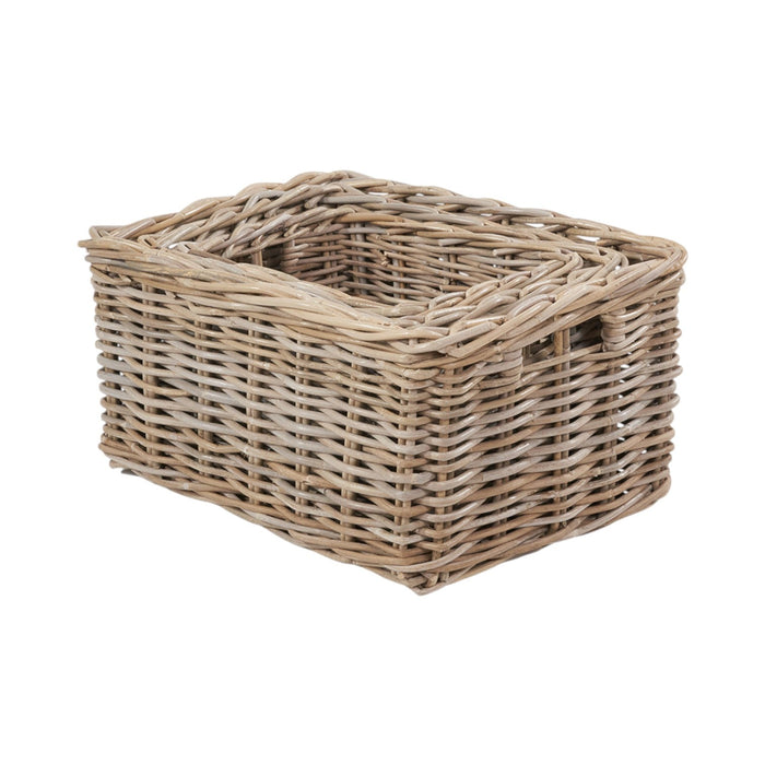 Set of 3 Grey Kubu Rattan Rectangular Storage Baskets with Inset Handles