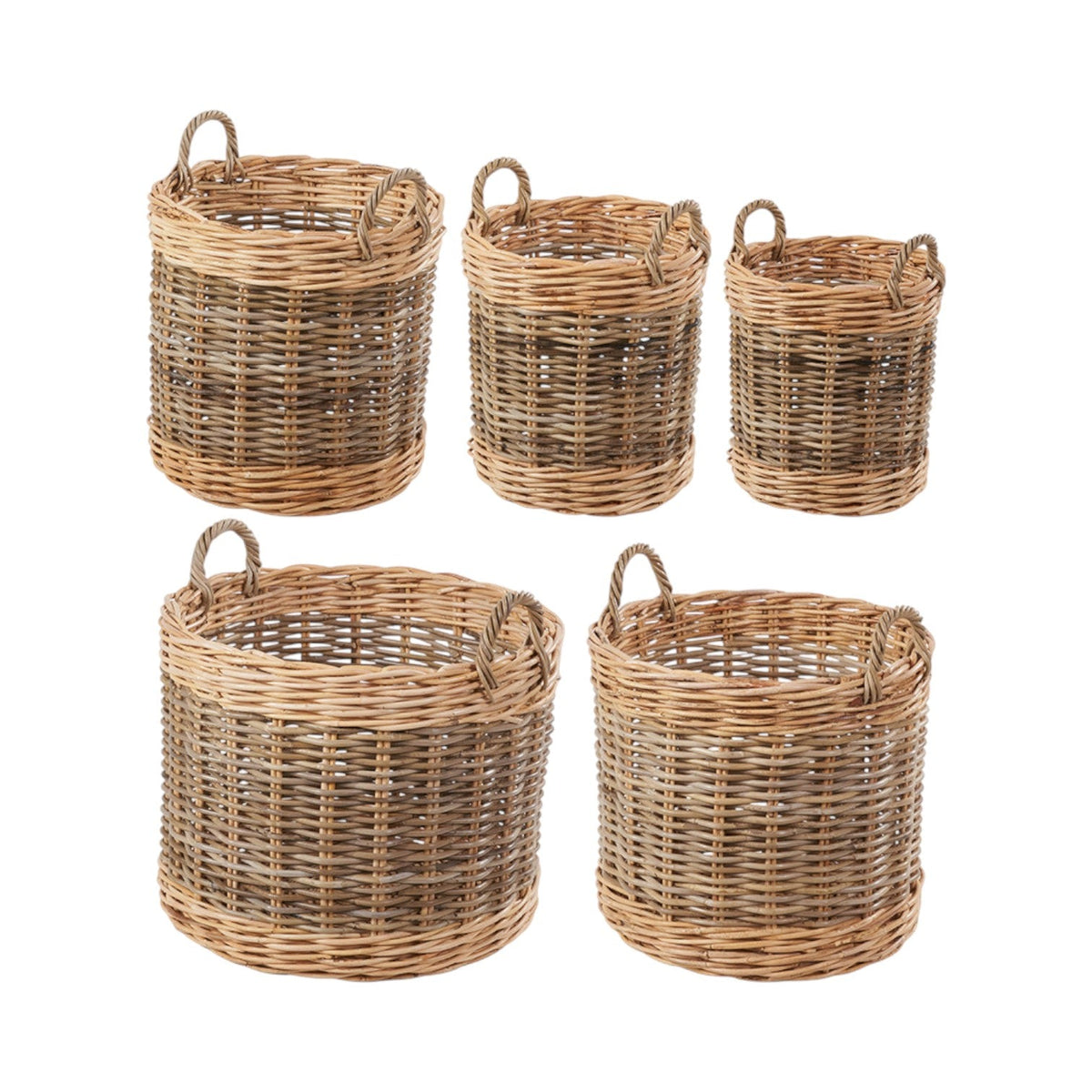 Set of 5 Grey and White Kubu Rattan Round Storage Baskets