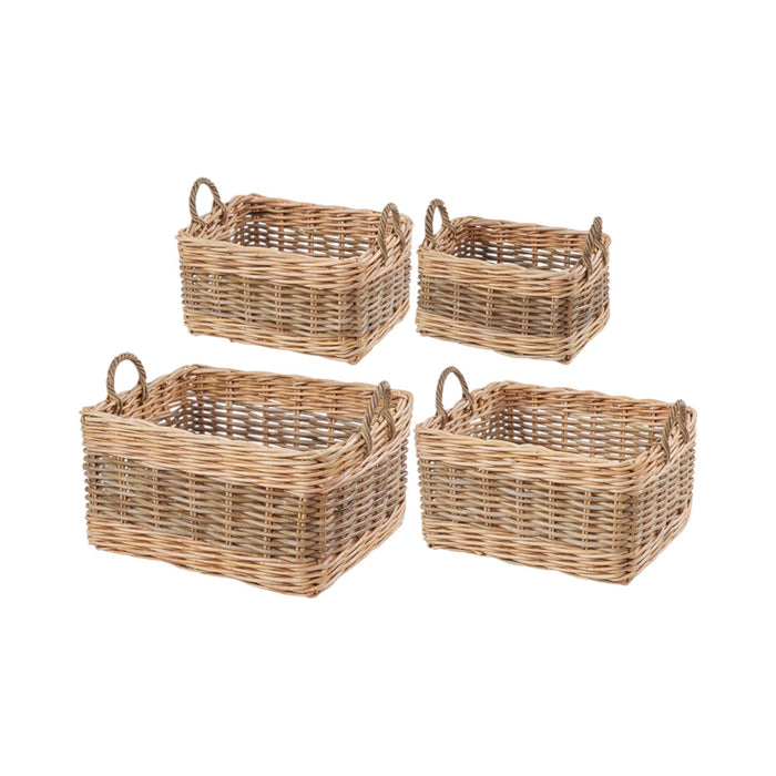 Set of 4 Grey and White Kubu Rattan Rectangular Storage Baskets