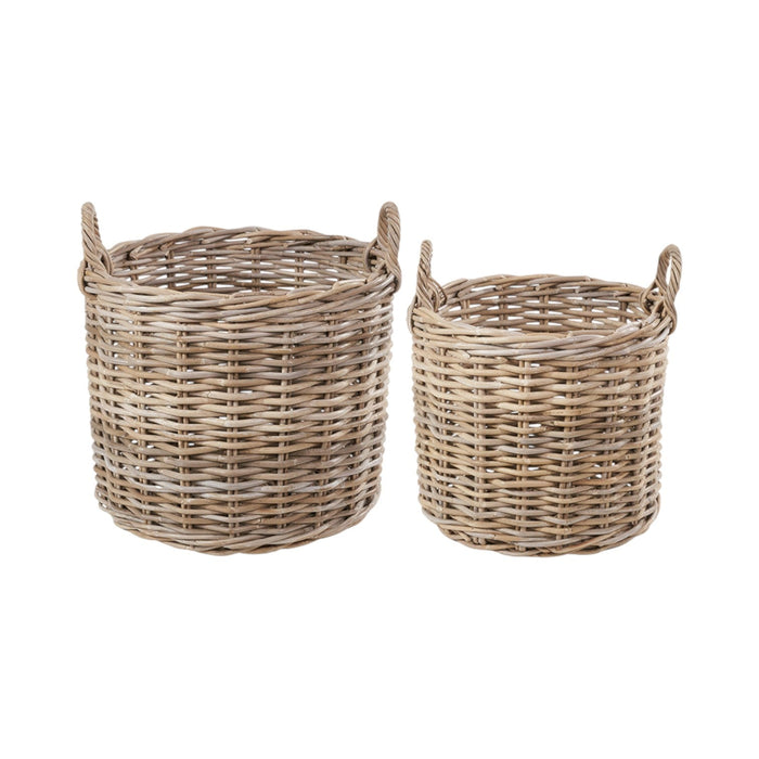Set of 2 Grey Rattan Round Log Baskets