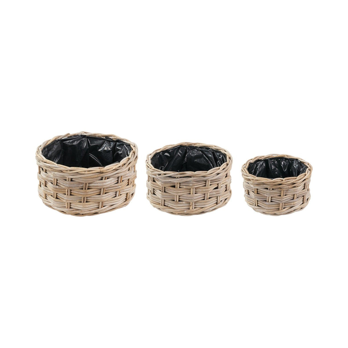 Set of 3 Indoor Outdoor Grey Kubu Rattan Triple Weave Round Basket Planters