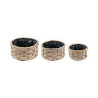 Set of 3 Indoor Outdoor Grey Kubu Rattan Triple Weave Round Basket Planters
