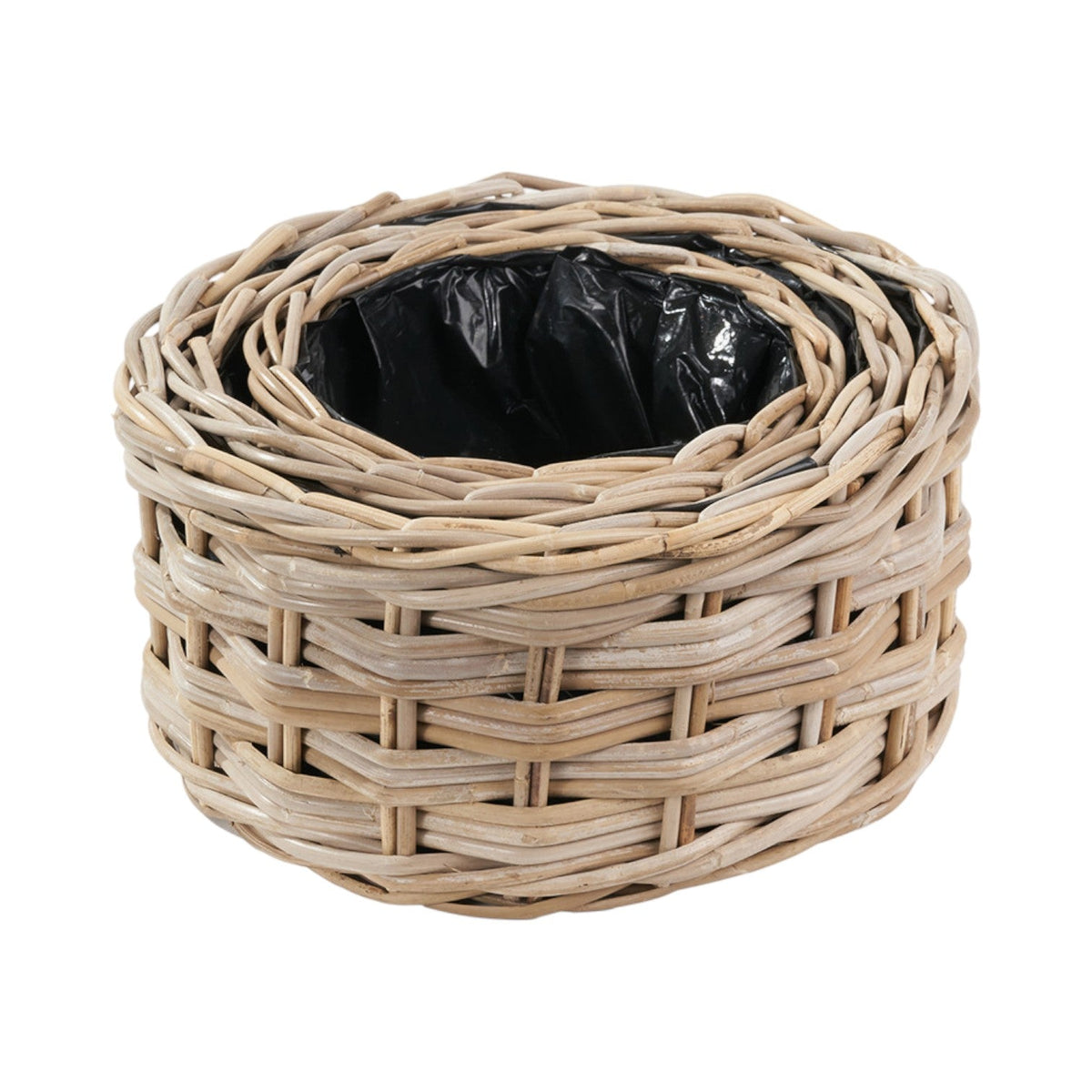 Set of 3 Indoor Outdoor Grey Kubu Rattan Triple Weave Round Basket Planters