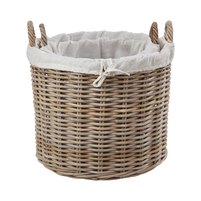 Set of 2 Grey Kubu Rattan Lined Round Log Baskets