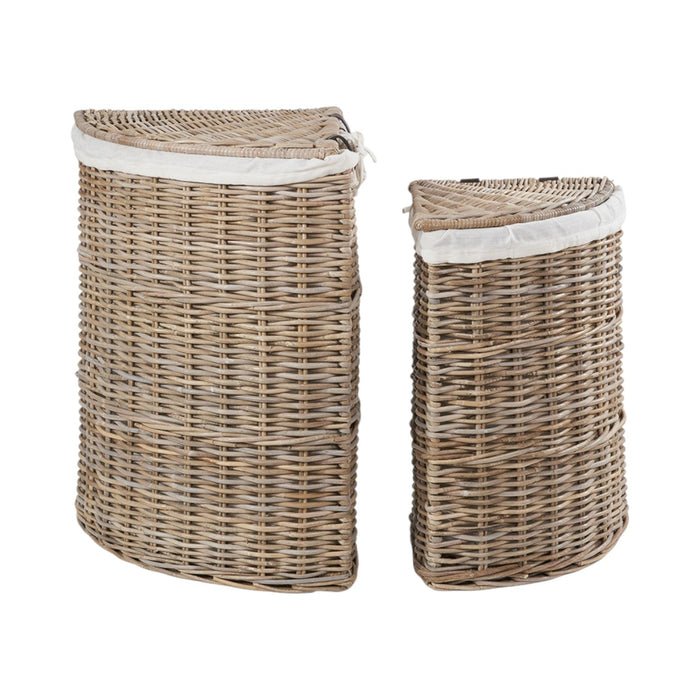 Set of 2 Grey Kubu Rattan Lined Corner Linen Baskets
