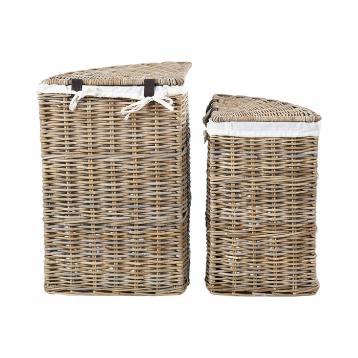 Set of 2 Grey Kubu Rattan Lined Corner Linen Baskets