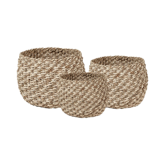 Set of 3 Seagrass and Palm Leaf Two Tone Natural Plaited Round Baskets
