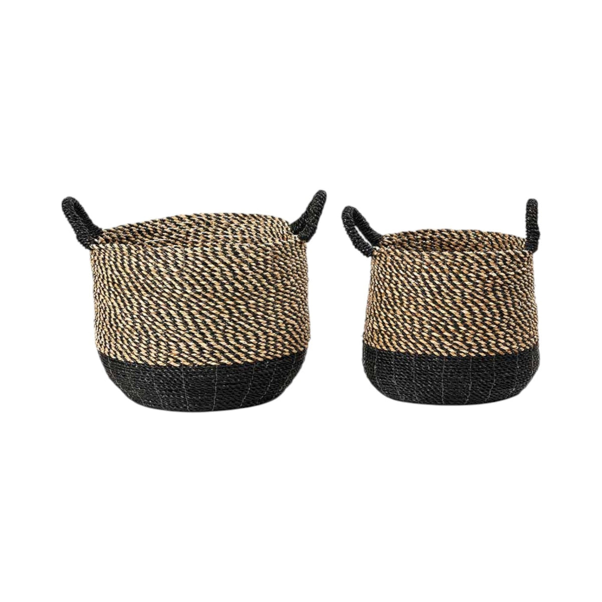 Set of 2 Seagrass Natural and Black Round Handled Baskets