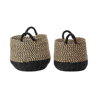 Set of 2 Seagrass Natural and Black Round Handled Baskets