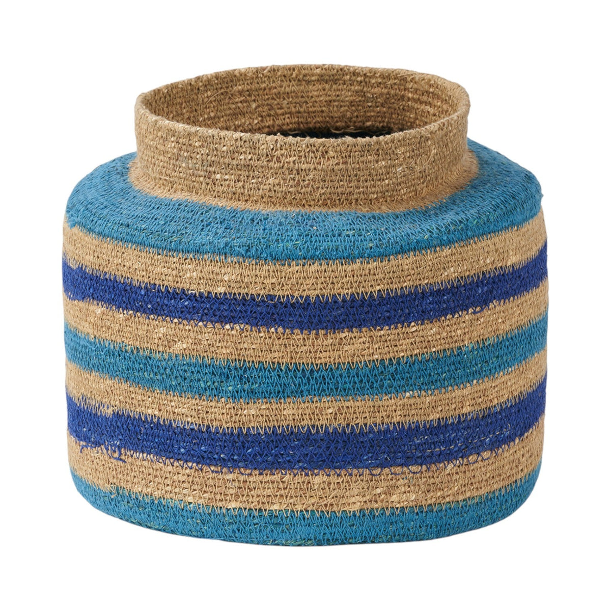 Seagrass Natural, Blue and Turquoise Stripe Round Basket