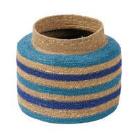 Seagrass Natural, Blue and Turquoise Stripe Round Basket